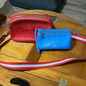 Coach red crossbody handbag and Coach blue wristlet